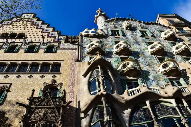 The colorful modernist facade of Casa Batllo on Passeig de Gracia
