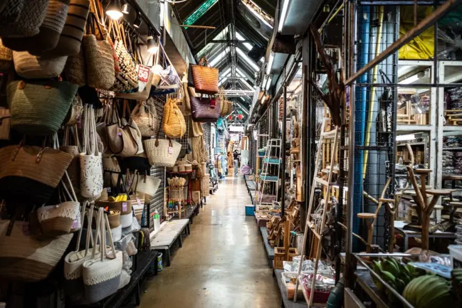 Rows of vendor stalls at Chatuchak Weekend Market in Bangkok
