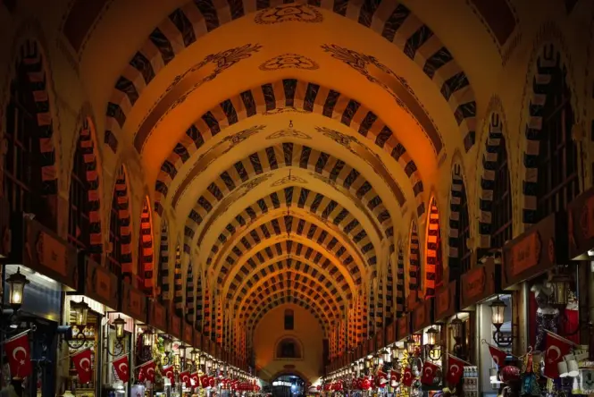 Colorful stalls and goods inside the Grand Bazaar in Istanbul