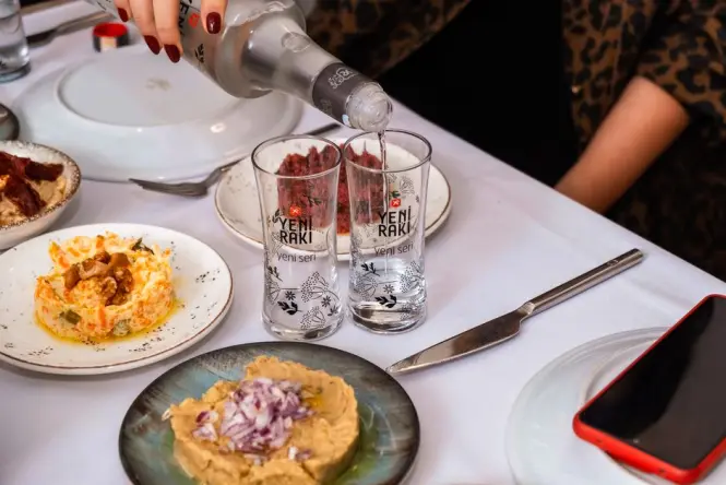 Meze spread and dinner table at a mid-range Istanbul restaurant
