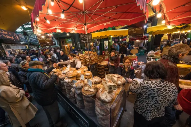 Borough Market food stalls in London