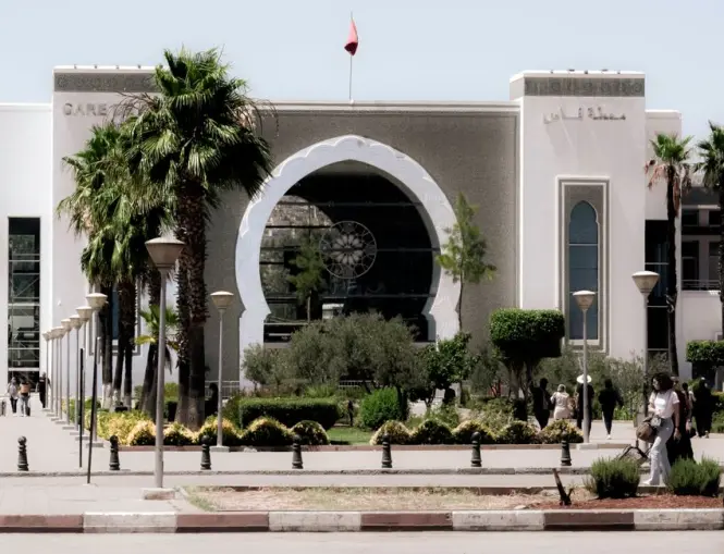 A modern train station in Morocco with beautiful geometric architecture.