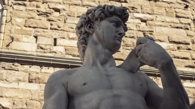Close up of the details on Michelangelo's David statue in Florence