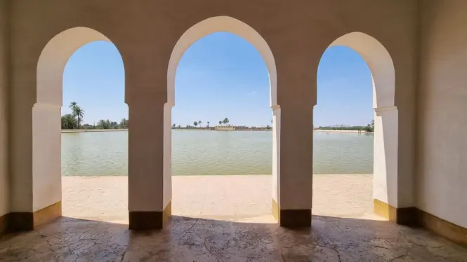 Menara Gardens pavilion and reflecting pool in Marrakech for comparison with Agdal