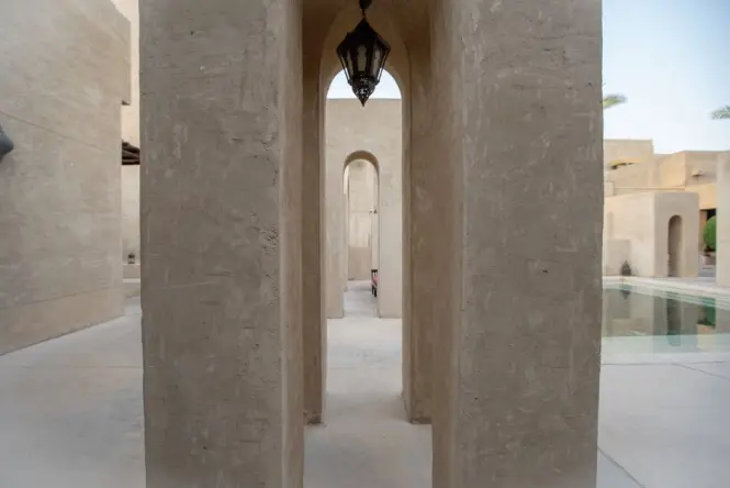 The blue and white outdoor seating area of the Arabian Tea House in Dubai