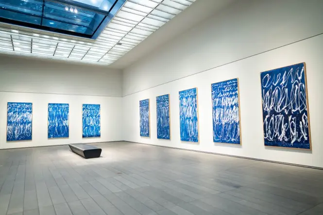 Aboriginal bark paintings on display in the Yiribana Gallery