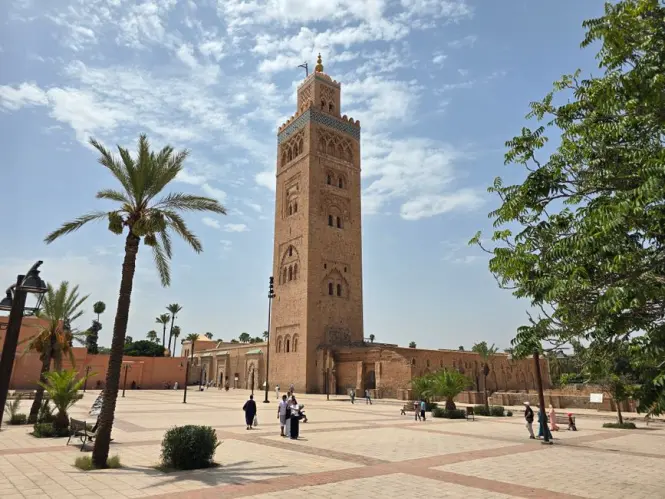 Kasbah Mosque minaret visible near Bab Agnaou gate in Marrakech