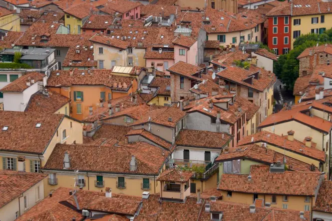 Bologna panorama of red roofs and towers viewed from an elevated platform