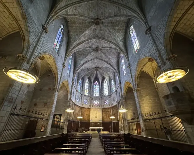 Gothic nave and stained glass inside Santa Maria del Mar