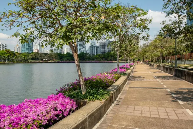 Cycling path along the lake at Benjakitti Park