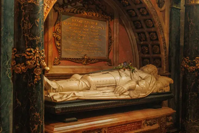 Ornate baroque sarcophagus inside the Hohenzollern crypt beneath Berlin Cathedral