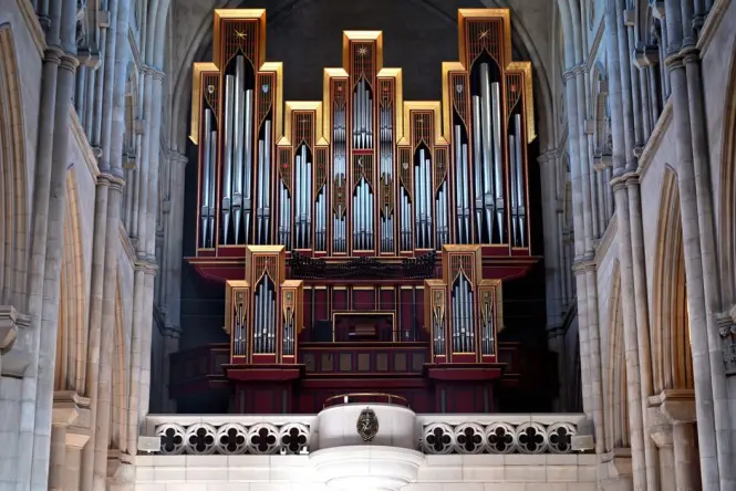 Interior nave of Berlin Cathedral showing the large Wilhelm Sauer organ pipes