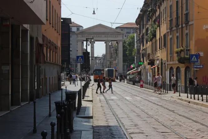 Detail of uneven stone pavers on a street in Brera Milan
