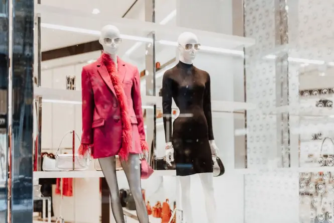 A modern design showroom window in the creative district of Milan