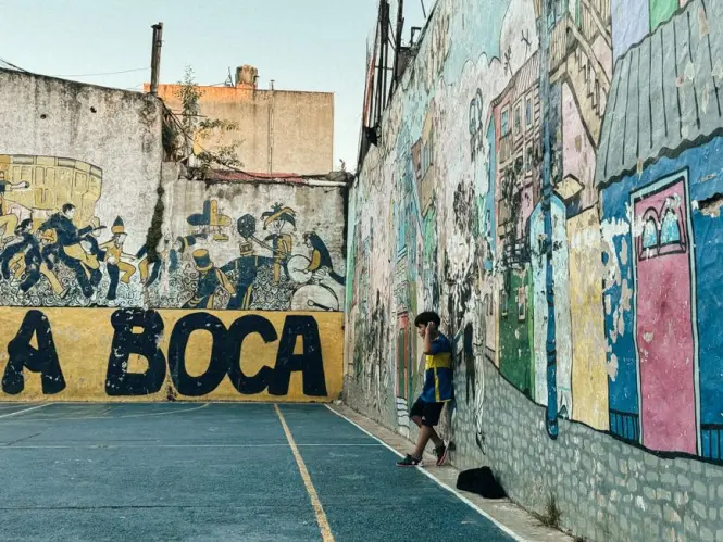 Exterior view of La Bombonera stadium near Caminito Street Museum in La Boca