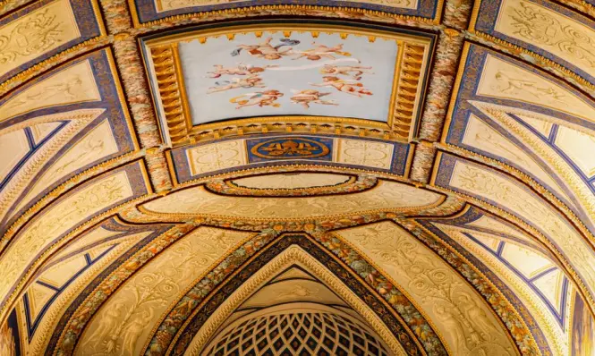 Detailed view of the complex Fatimid muqarnas wooden ceiling in Cappella Palatina
