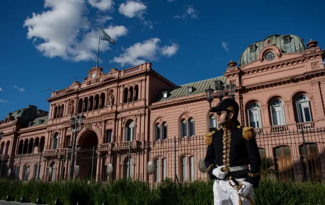 Plaza de Mayo in Buenos Aires with the pink facade of Casa Rosada in the background