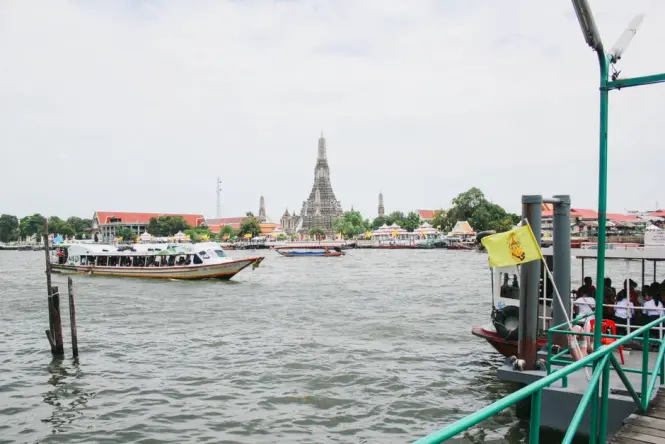 Cruise boat passing temples along the Chao Phraya River