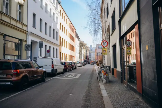 Quiet early morning street near Checkpoint Charlie before crowds arrive