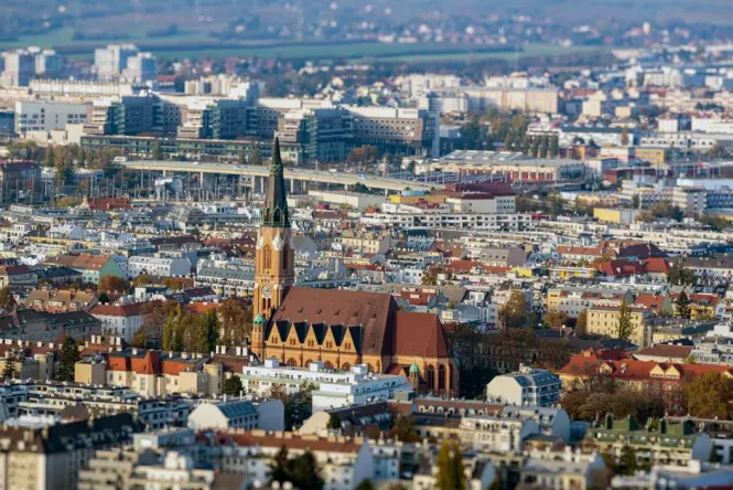 Aerial view of Vienna's skyline seen from the Danube Tower observation deck
