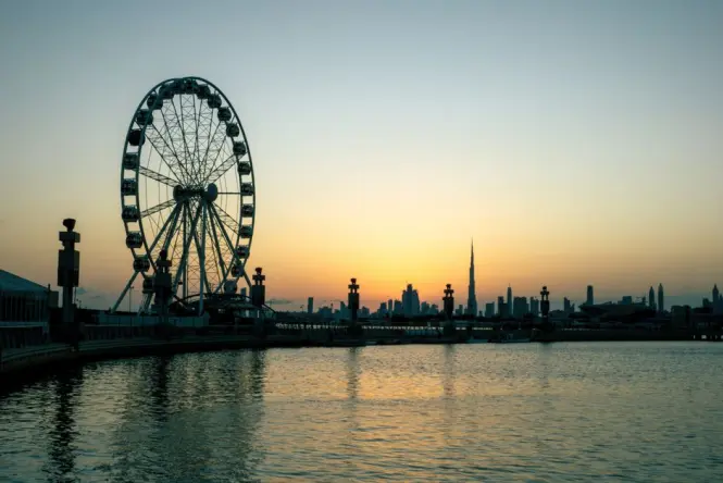 Sunset view from Dubai Frame overlooking Downtown Dubai towers