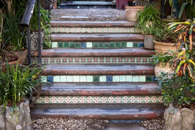 Detail of green, yellow, and blue tiles along the Selarón steps