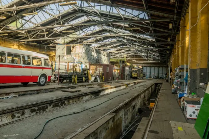 Historic tram depot interior housing food stalls