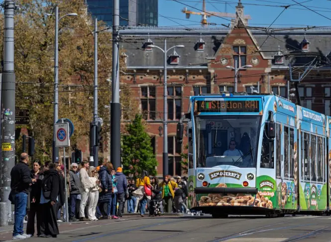 Tram in Amsterdam Oud-West near Jordaan