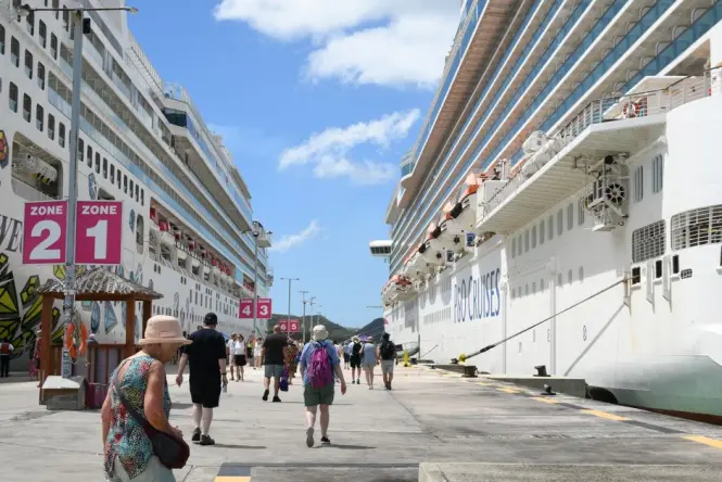 Passengers walking through the Galataport cruise terminal