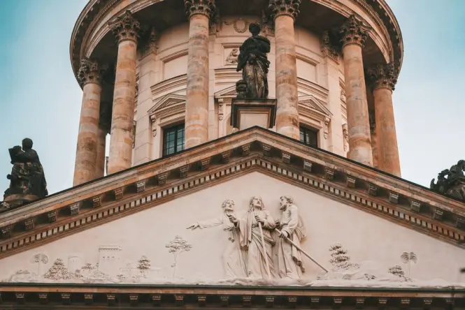 Close view of the Französischer Dom's domed tower on Gendarmenmarkt
