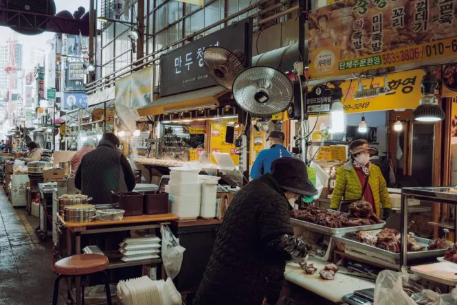 Historic interior of Gwangjang Market showing its traditional market structure