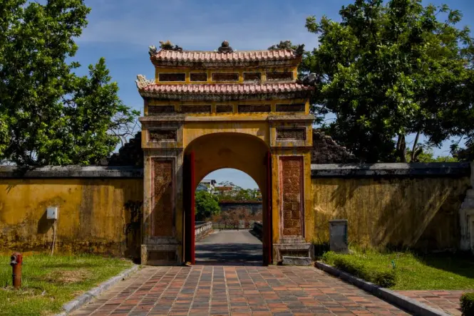 Five brick archways of Doan Mon gate at the entrance to the Imperial Citadel of Thang Long
