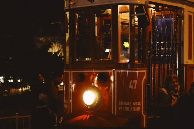 Close-up of the red nostalgic tram car used on Istiklal Avenue between Taksim and Tunel