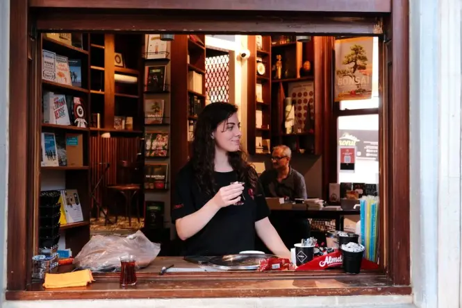 Bookshop window display along a side street near Istiklal Avenue in Beyoglu