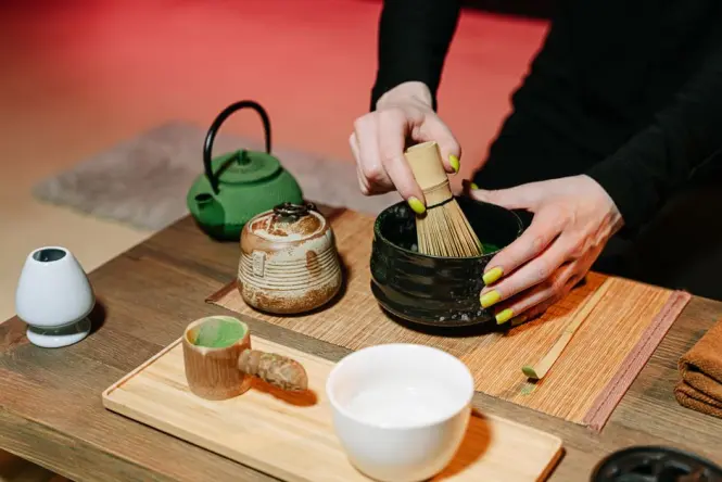 Matcha tea set served at the tea house overlooking the pond