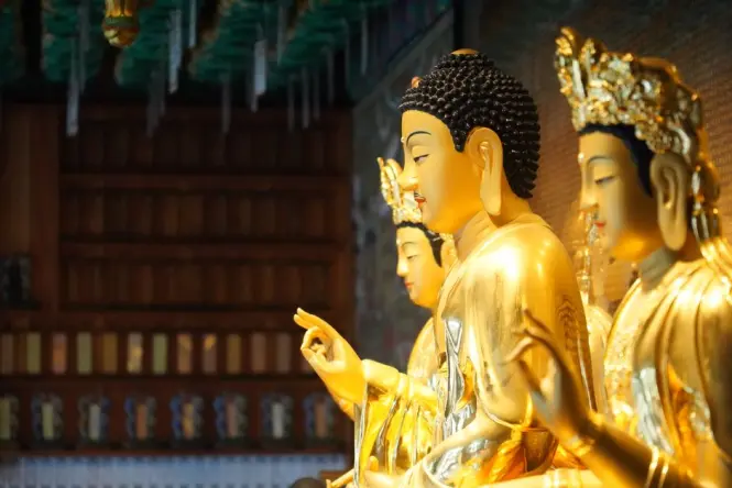 Gilded Buddha statues inside Jogyesa Temple's Daeungjeon main hall