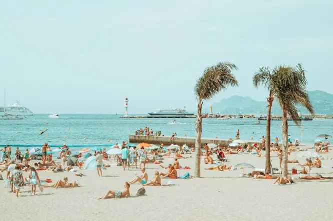 Rows of private sunbeds and umbrellas on a Cannes beach club