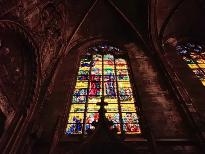 Gothic interior and stained glass in Lyon Cathedral