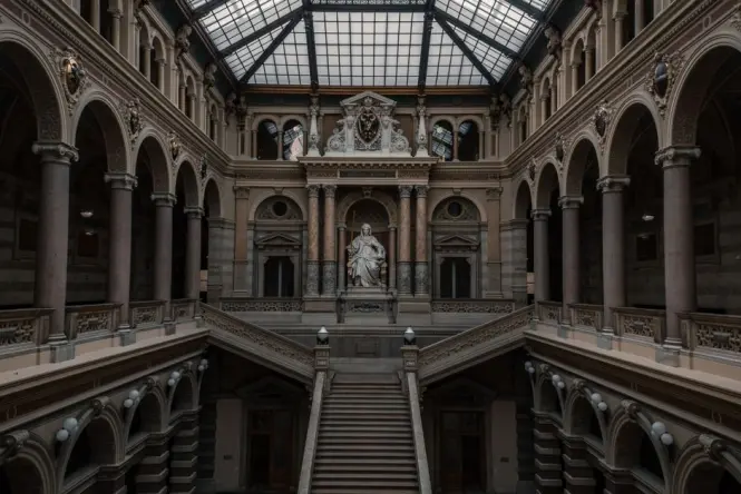 MALBA Museum atrium lit up during extended Wednesday evening hours