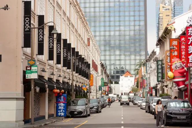 Street view near Chinatown MRT station exit leading toward Maxwell Food Centre