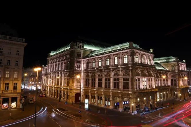 Metropolitan Opera House exterior lit at night