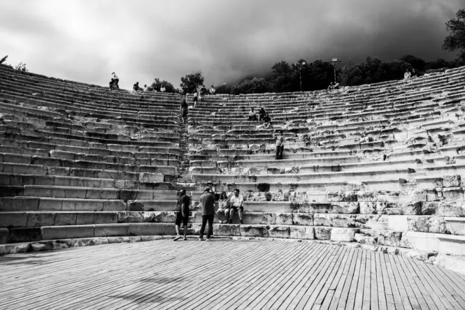 Open-air Lycabettus Theatre stone seating built into the hillside