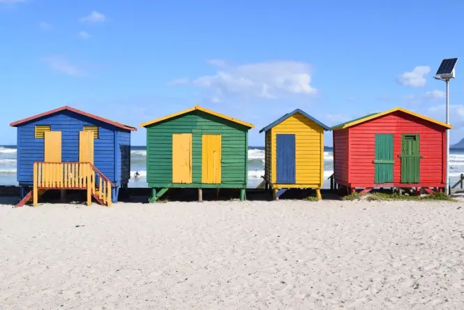 Close-up of striped turquoise and yellow beach huts on Muizenberg promenade