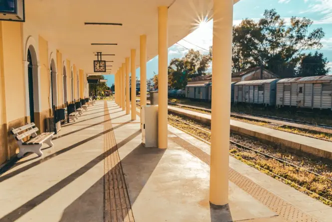 Southern Line train platform at Muizenberg station near the beach