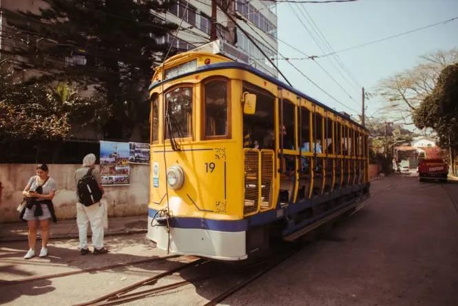 VLT light rail tram passing near Praca Maua close to the Museum of Tomorrow