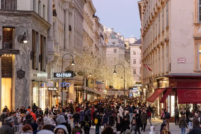 Winter Christmas market stalls near MuseumsQuartier in Vienna