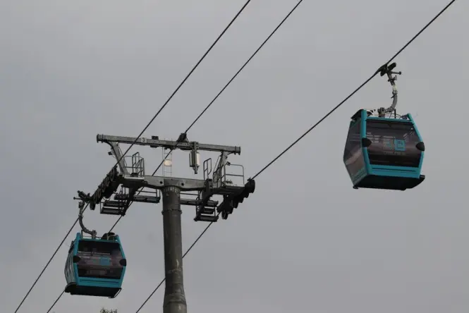 Cable car cabin ascending the cable line toward Namsan summit
