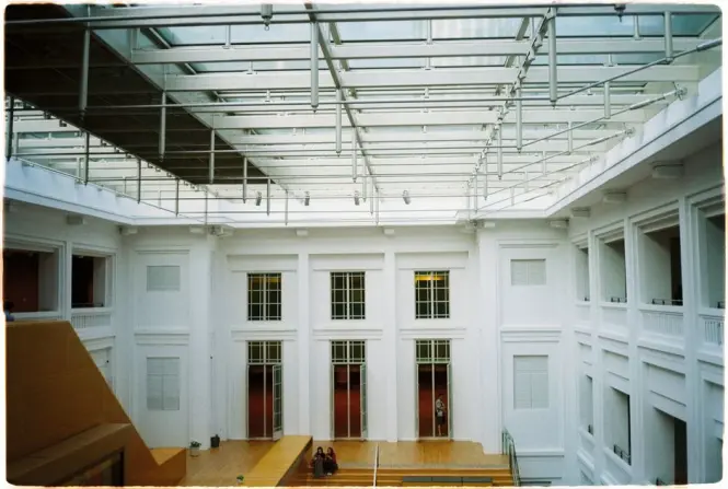 Glass canopy ceiling of the Padang Atrium connecting the two wings of National Gallery Singapore