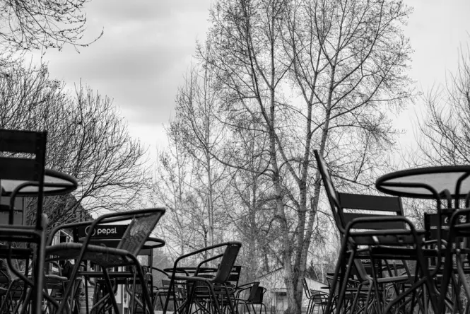 Outdoor cafe with tables shaded by trees inside the National Garden