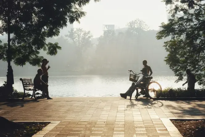 Quiet early morning view of Hoan Kiem Lake near Ngoc Son Temple